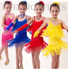 Red royal blue fuchsia hot pink yellow rhinestones tassels fringes girls kids children performance latin salsa samba dance dresses outfits costumes